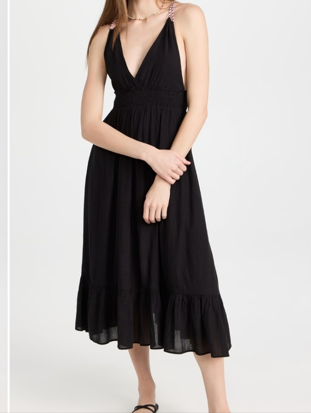 Scotch & Soda Smock Waistband Black Midi Dress with Purple-White Braided Straps.